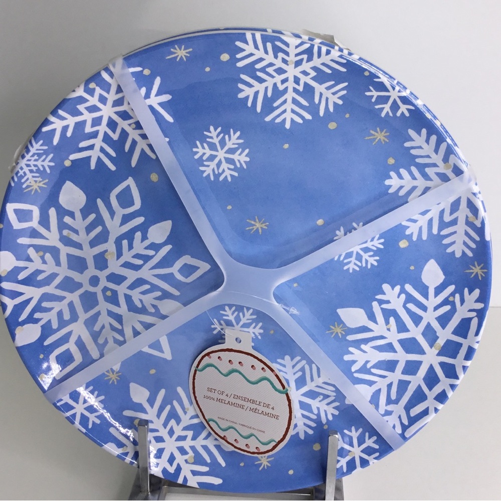 4 Melamine Dinner Plate Sugarplum Dreams BLUE SNOWFLAKE 10.75” New